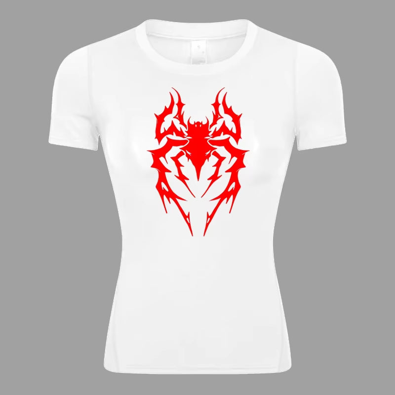 Spider Print Short Sleeve Compression Shirt for Women Athletic Running Workout Yoga T-Shirt Tees Baselayer Tops Gym Sports Gear