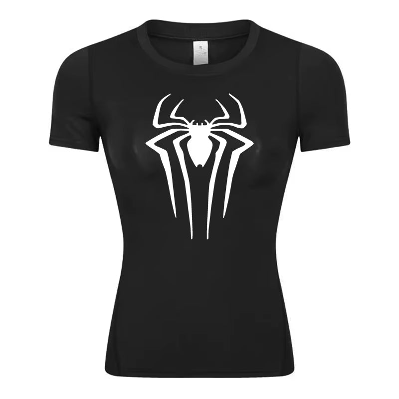 Spider Print Short Sleeve Compression Shirt for Women Athletic Running Workout Yoga T-Shirt Tees Baselayer Tops Gym Sports Gear