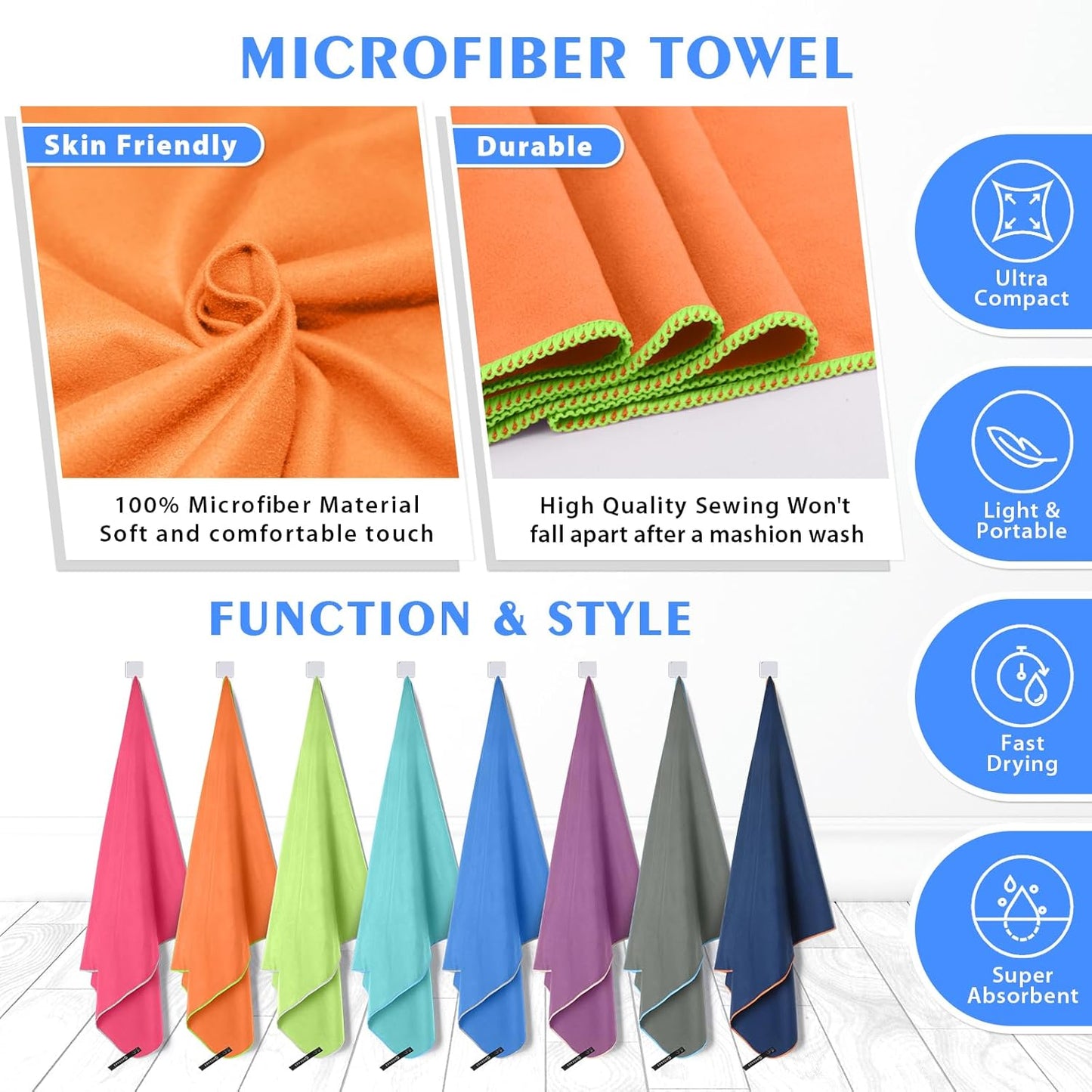2 Pack Microfiber Camping Towels, Quick Dry Towel, Super Absorbent Ultra Compact Travel Towel Soft Lightweight Sports Towel for Sweat Fast Drying Towels for Pool,Gym,Hiking,Backpacking,Fitness