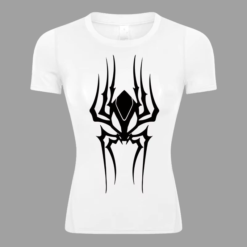 Spider Print Short Sleeve Compression Shirt for Women Athletic Running Workout Yoga T-Shirt Tees Baselayer Tops Gym Sports Gear