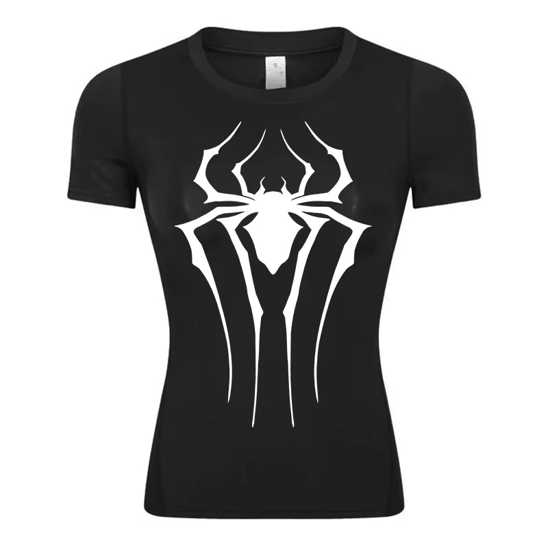 Spider Print Short Sleeve Compression Shirt for Women Athletic Running Workout Yoga T-Shirt Tees Baselayer Tops Gym Sports Gear