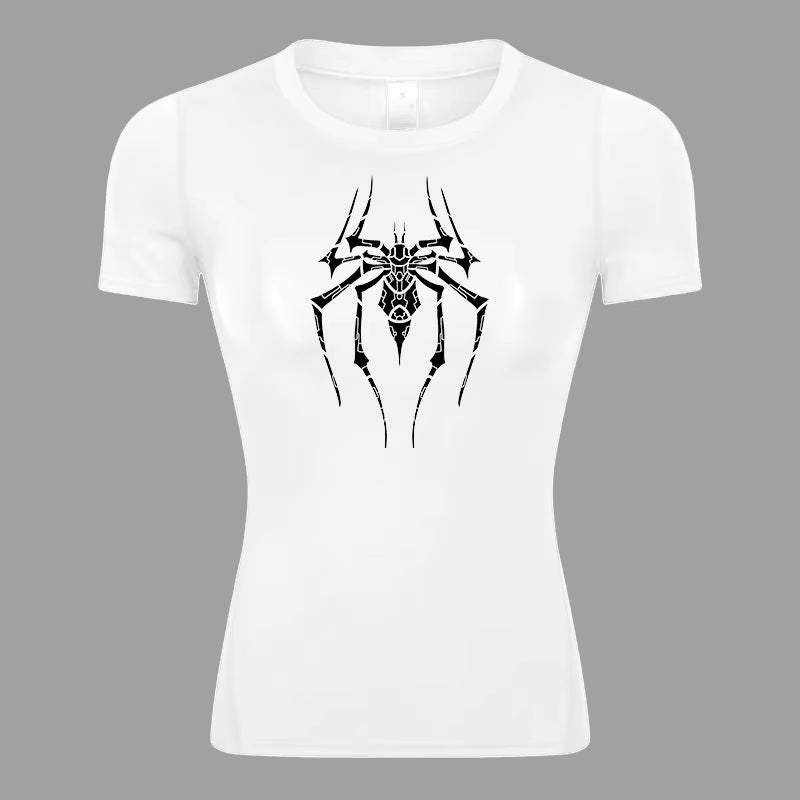 Spider Print Short Sleeve Compression Shirt for Women Athletic Running Workout Yoga T-Shirt Tees Baselayer Tops Gym Sports Gear
