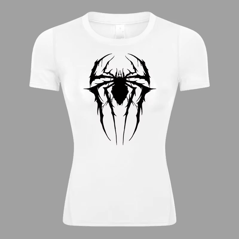 Spider Print Short Sleeve Compression Shirt for Women Athletic Running Workout Yoga T-Shirt Tees Baselayer Tops Gym Sports Gear