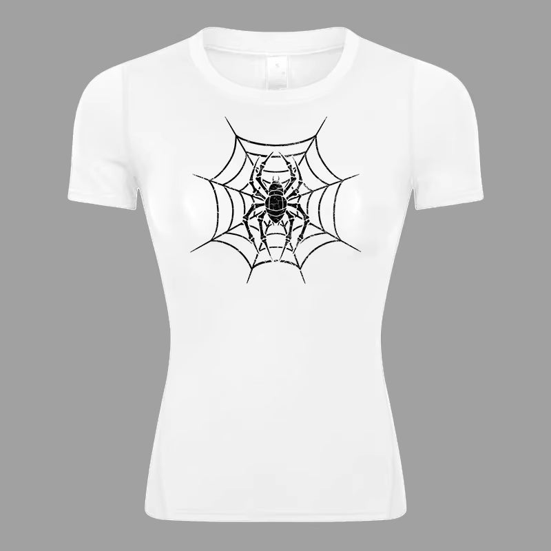 Spider Print Short Sleeve Compression Shirt for Women Athletic Running Workout Yoga T-Shirt Tees Baselayer Tops Gym Sports Gear