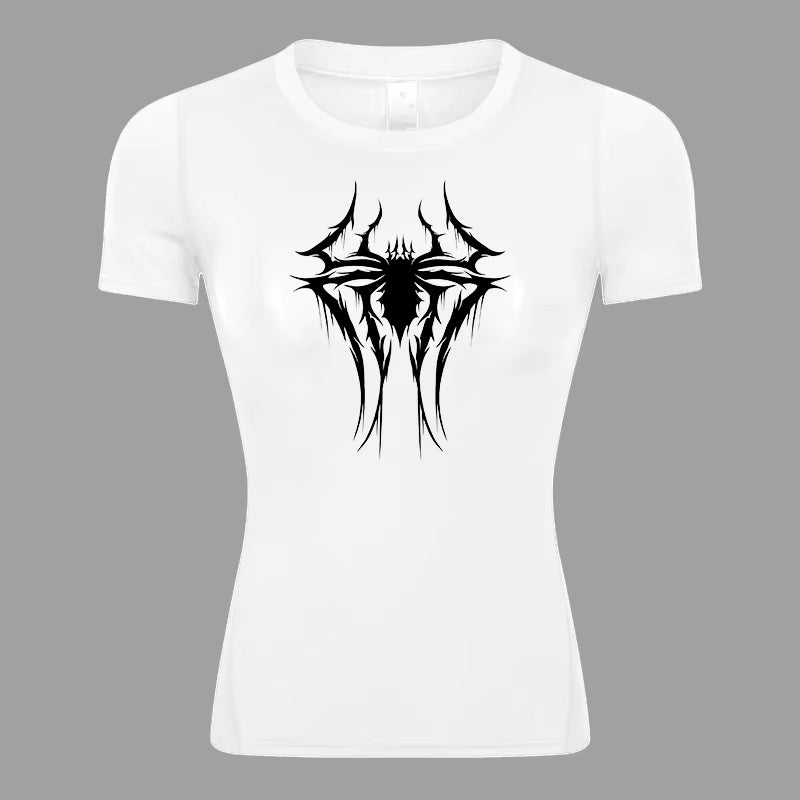 Spider Print Short Sleeve Compression Shirt for Women Athletic Running Workout Yoga T-Shirt Tees Baselayer Tops Gym Sports Gear