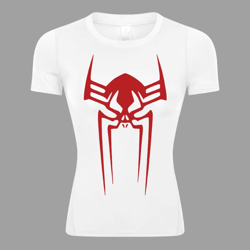 Spider Print Short Sleeve Compression Shirt for Women Athletic Running Workout Yoga T-Shirt Tees Baselayer Tops Gym Sports Gear
