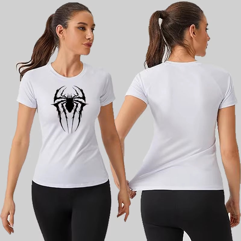 Spider Print Short Sleeve Compression Shirt for Women Athletic Running Workout Yoga T-Shirt Tees Baselayer Tops Gym Sports Gear