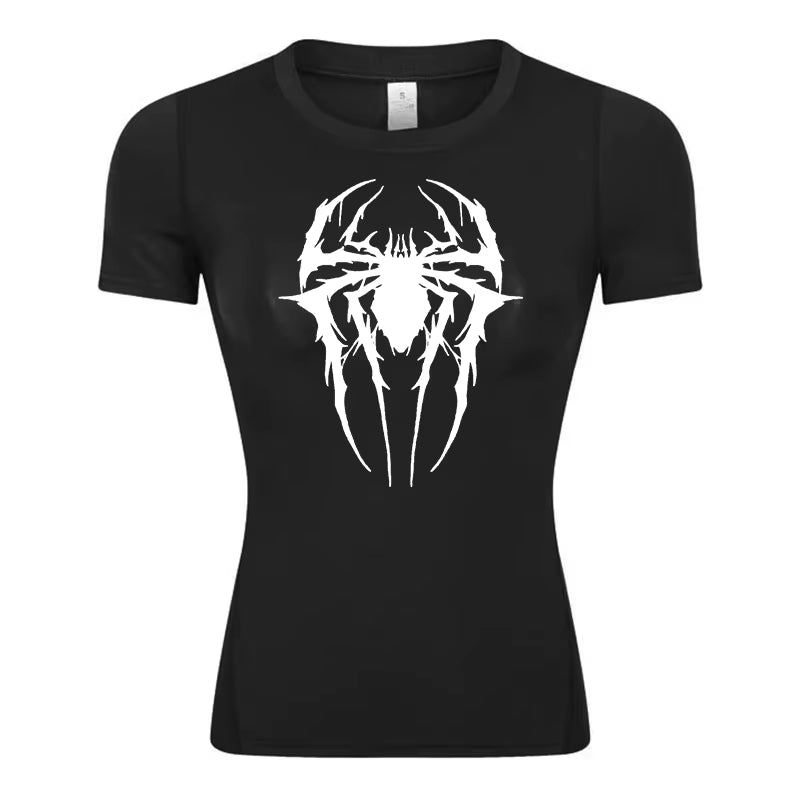 Spider Print Short Sleeve Compression Shirt for Women Athletic Running Workout Yoga T-Shirt Tees Baselayer Tops Gym Sports Gear