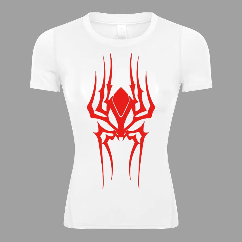 Spider Print Short Sleeve Compression Shirt for Women Athletic Running Workout Yoga T-Shirt Tees Baselayer Tops Gym Sports Gear