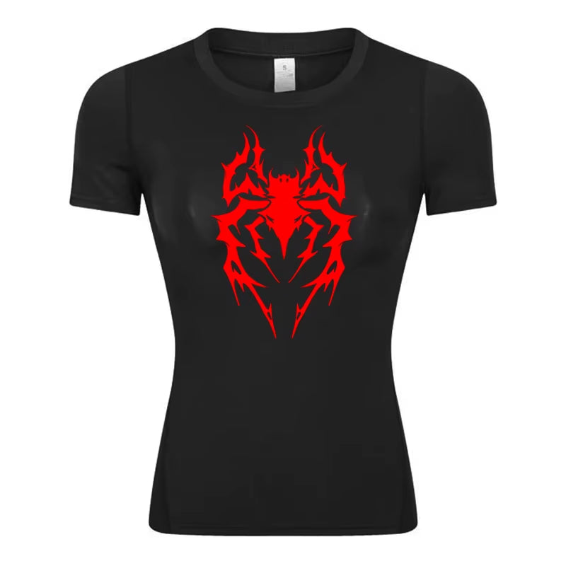 Spider Print Short Sleeve Compression Shirt for Women Athletic Running Workout Yoga T-Shirt Tees Baselayer Tops Gym Sports Gear