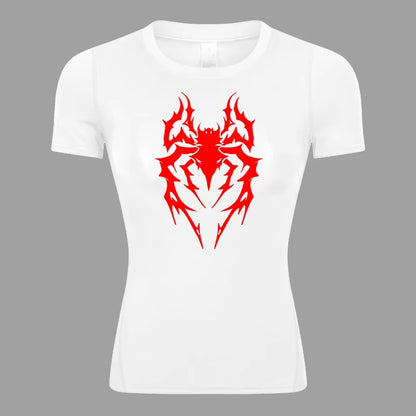 Spider Print Short Sleeve Compression Shirt for Women Athletic Running Workout Yoga T-Shirt Tees Baselayer Tops Gym Sports Gear