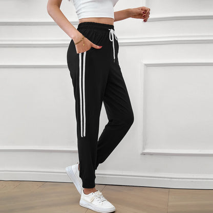 Womens Sweatpants Joggers with Pockets Bottom Track Lounge Pant Lady Athletic Gym Lounge Pants Side Stripe for Workout Running Black