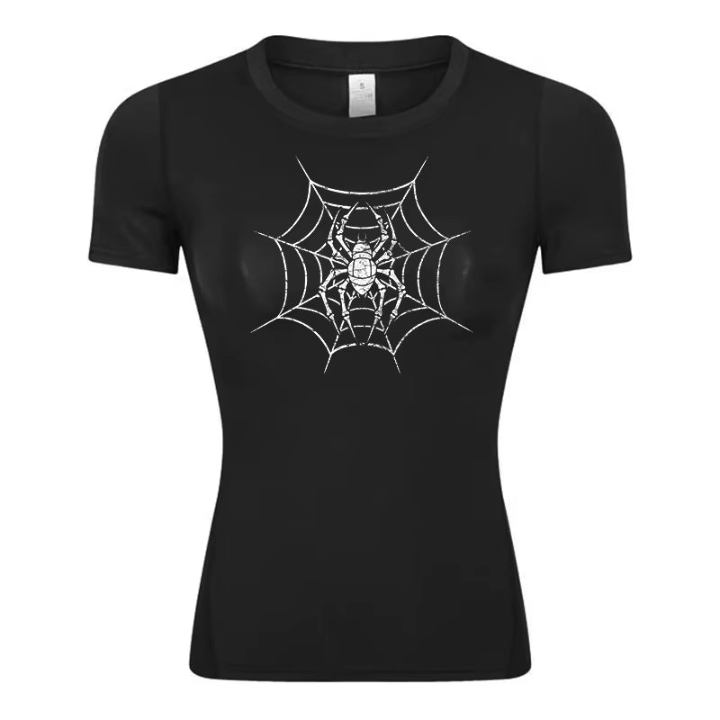 Spider Print Short Sleeve Compression Shirt for Women Athletic Running Workout Yoga T-Shirt Tees Baselayer Tops Gym Sports Gear
