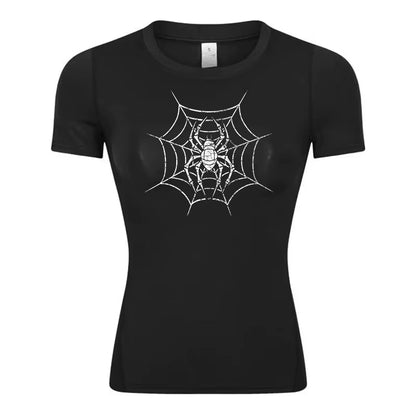 Spider Print Short Sleeve Compression Shirt for Women Athletic Running Workout Yoga T-Shirt Tees Baselayer Tops Gym Sports Gear
