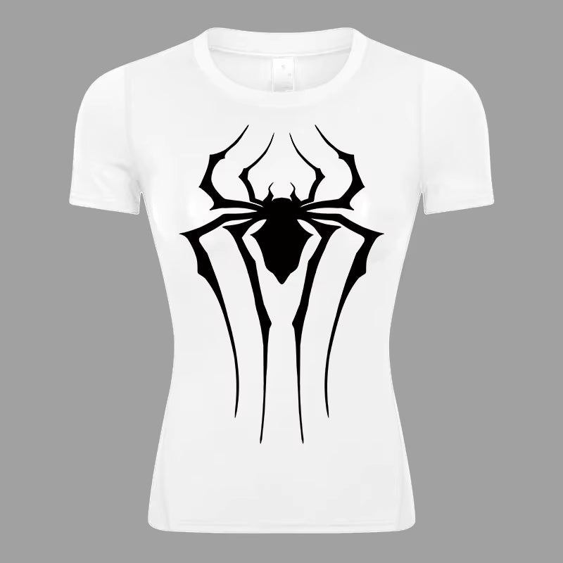 Spider Print Short Sleeve Compression Shirt for Women Athletic Running Workout Yoga T-Shirt Tees Baselayer Tops Gym Sports Gear