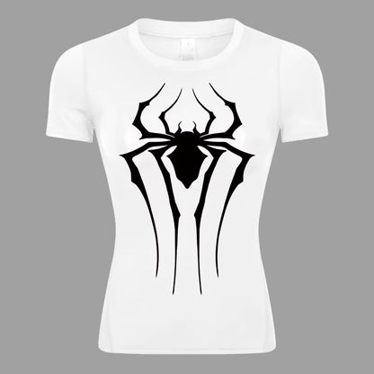 Spider Print Short Sleeve Compression Shirt for Women Athletic Running Workout Yoga T-Shirt Tees Baselayer Tops Gym Sports Gear