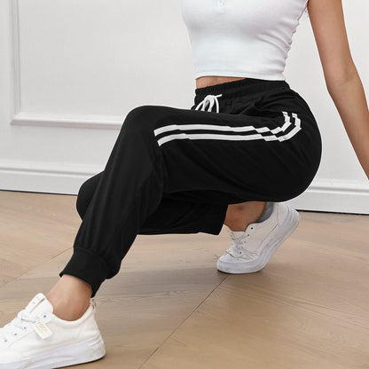Womens Sweatpants Joggers with Pockets Bottom Track Lounge Pant Lady Athletic Gym Lounge Pants Side Stripe for Workout Running Black