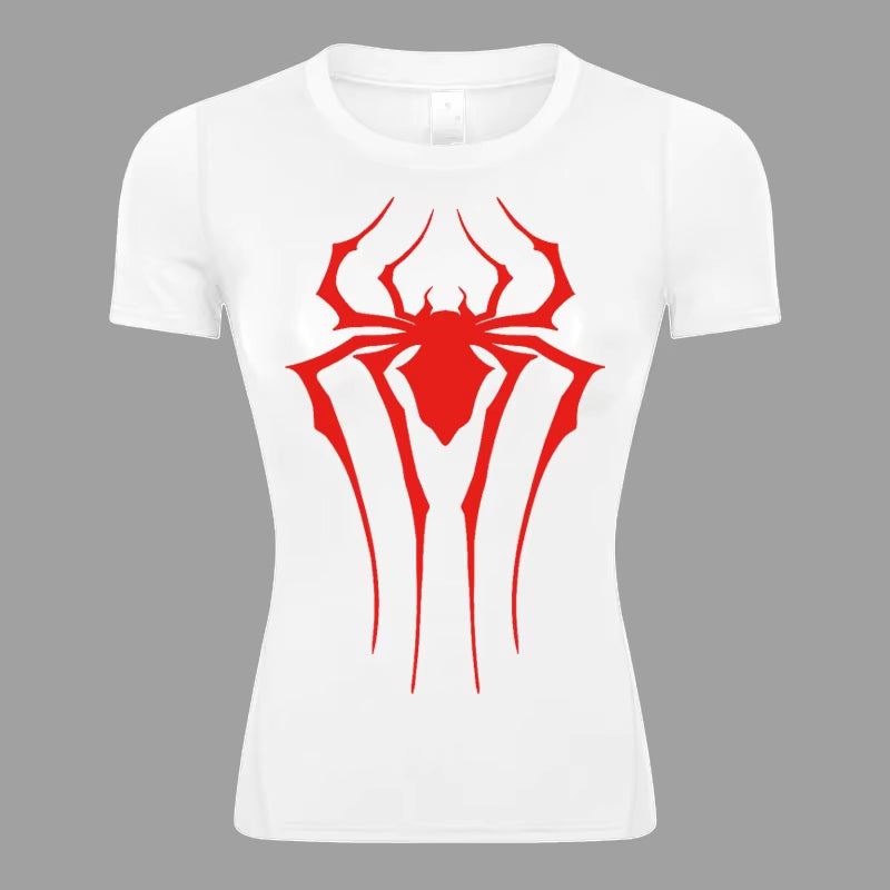 Spider Print Short Sleeve Compression Shirt for Women Athletic Running Workout Yoga T-Shirt Tees Baselayer Tops Gym Sports Gear