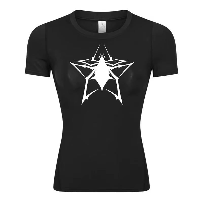 Spider Print Short Sleeve Compression Shirt for Women Athletic Running Workout Yoga T-Shirt Tees Baselayer Tops Gym Sports Gear