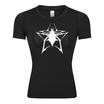 Spider Print Short Sleeve Compression Shirt for Women Athletic Running Workout Yoga T-Shirt Tees Baselayer Tops Gym Sports Gear