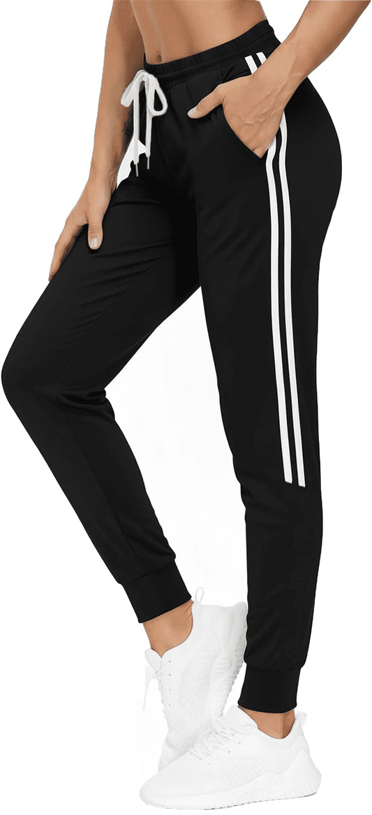 Womens Sweatpants Joggers with Pockets Bottom Track Lounge Pant Lady Athletic Gym Lounge Pants Side Stripe for Workout Running Black