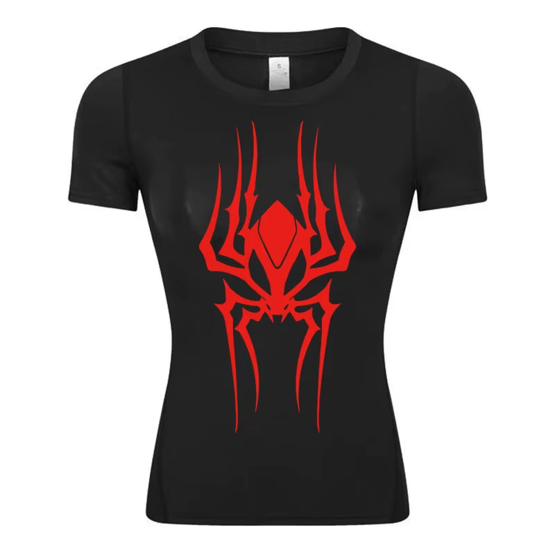 Spider Print Short Sleeve Compression Shirt for Women Athletic Running Workout Yoga T-Shirt Tees Baselayer Tops Gym Sports Gear