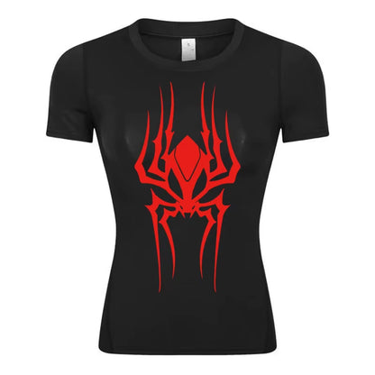 Spider Print Short Sleeve Compression Shirt for Women Athletic Running Workout Yoga T-Shirt Tees Baselayer Tops Gym Sports Gear