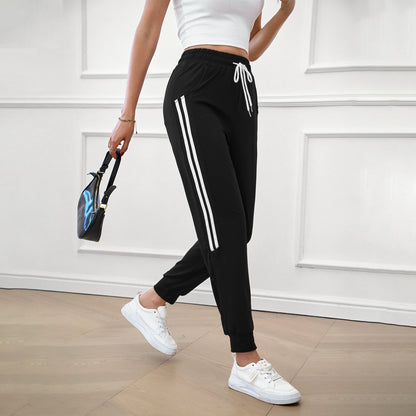 Womens Sweatpants Joggers with Pockets Bottom Track Lounge Pant Lady Athletic Gym Lounge Pants Side Stripe for Workout Running Black
