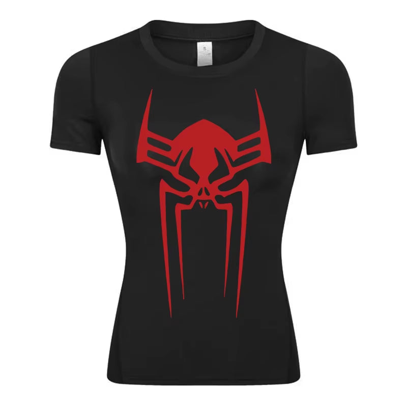 Spider Print Short Sleeve Compression Shirt for Women Athletic Running Workout Yoga T-Shirt Tees Baselayer Tops Gym Sports Gear