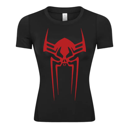 Spider Print Short Sleeve Compression Shirt for Women Athletic Running Workout Yoga T-Shirt Tees Baselayer Tops Gym Sports Gear