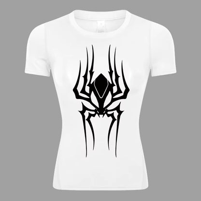 Spider Print Short Sleeve Compression Shirt for Women Athletic Running Workout Yoga T-Shirt Tees Baselayer Tops Gym Sports Gear