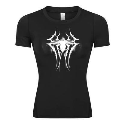 Spider Print Short Sleeve Compression Shirt for Women Athletic Running Workout Yoga T-Shirt Tees Baselayer Tops Gym Sports Gear