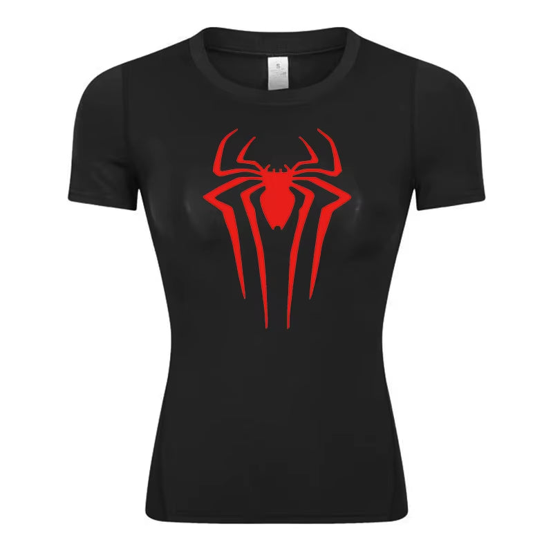Spider Print Short Sleeve Compression Shirt for Women Athletic Running Workout Yoga T-Shirt Tees Baselayer Tops Gym Sports Gear