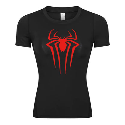 Spider Print Short Sleeve Compression Shirt for Women Athletic Running Workout Yoga T-Shirt Tees Baselayer Tops Gym Sports Gear