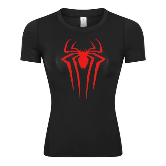 Spider Print Short Sleeve Compression Shirt for Women Athletic Running Workout Yoga T-Shirt Tees Baselayer Tops Gym Sports Gear