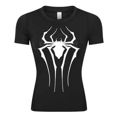 Spider Print Short Sleeve Compression Shirt for Women Athletic Running Workout Yoga T-Shirt Tees Baselayer Tops Gym Sports Gear