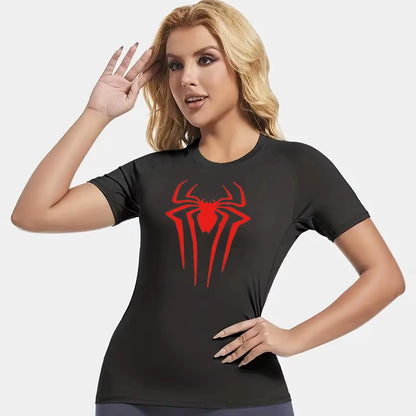 Spider Print Short Sleeve Compression Shirt for Women Athletic Running Workout Yoga T-Shirt Tees Baselayer Tops Gym Sports Gear
