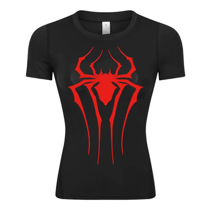 Spider Print Short Sleeve Compression Shirt for Women Athletic Running Workout Yoga T-Shirt Tees Baselayer Tops Gym Sports Gear