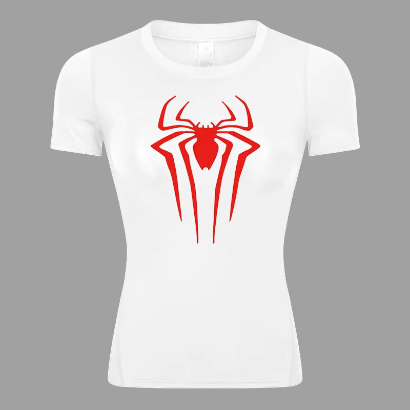 Spider Print Short Sleeve Compression Shirt for Women Athletic Running Workout Yoga T-Shirt Tees Baselayer Tops Gym Sports Gear