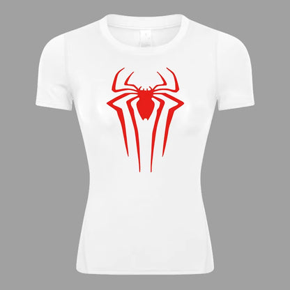 Spider Print Short Sleeve Compression Shirt for Women Athletic Running Workout Yoga T-Shirt Tees Baselayer Tops Gym Sports Gear