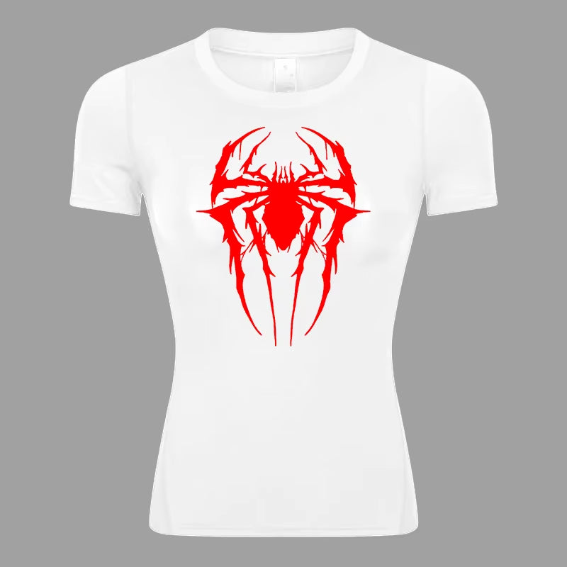 Spider Print Short Sleeve Compression Shirt for Women Athletic Running Workout Yoga T-Shirt Tees Baselayer Tops Gym Sports Gear