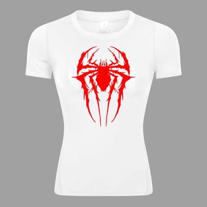 Spider Print Short Sleeve Compression Shirt for Women Athletic Running Workout Yoga T-Shirt Tees Baselayer Tops Gym Sports Gear