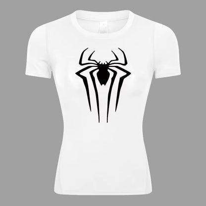 Spider Print Short Sleeve Compression Shirt for Women Athletic Running Workout Yoga T-Shirt Tees Baselayer Tops Gym Sports Gear