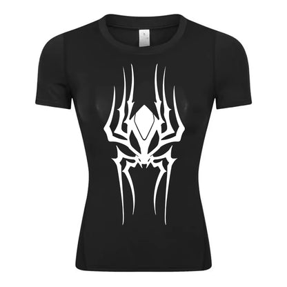 Spider Print Short Sleeve Compression Shirt for Women Athletic Running Workout Yoga T-Shirt Tees Baselayer Tops Gym Sports Gear