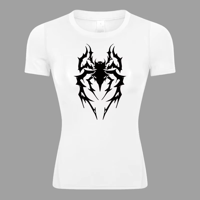 Spider Print Short Sleeve Compression Shirt for Women Athletic Running Workout Yoga T-Shirt Tees Baselayer Tops Gym Sports Gear