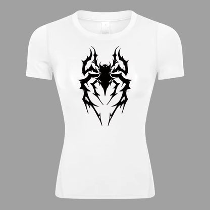 Spider Print Short Sleeve Compression Shirt for Women Athletic Running Workout Yoga T-Shirt Tees Baselayer Tops Gym Sports Gear