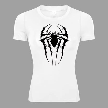 Spider Print Short Sleeve Compression Shirt for Women Athletic Running Workout Yoga T-Shirt Tees Baselayer Tops Gym Sports Gear