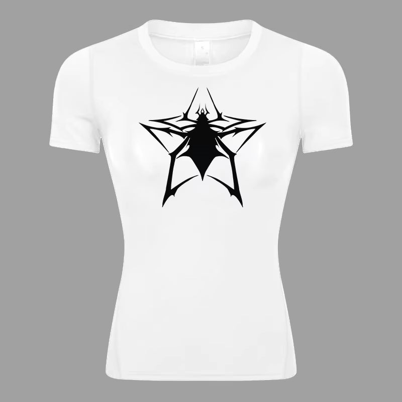 Spider Print Short Sleeve Compression Shirt for Women Athletic Running Workout Yoga T-Shirt Tees Baselayer Tops Gym Sports Gear