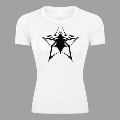 Spider Print Short Sleeve Compression Shirt for Women Athletic Running Workout Yoga T-Shirt Tees Baselayer Tops Gym Sports Gear