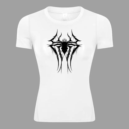 Spider Print Short Sleeve Compression Shirt for Women Athletic Running Workout Yoga T-Shirt Tees Baselayer Tops Gym Sports Gear